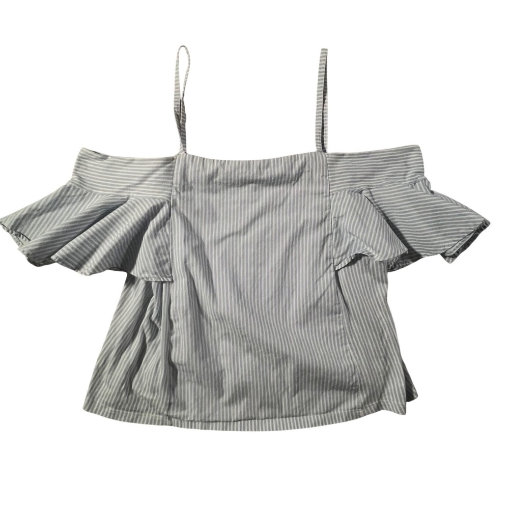 Zara Trafaluc Top Womens Medium Blue White Striped‎ Ruffle Cold Shoulder